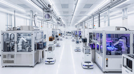 Obraz premium Semiconductor factory modern white production concept. Modern automated robotics in a clean manufacturing environment.