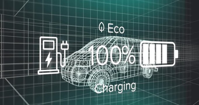 Animation of charging interface over 3d van model moving in seamless pattern in a tunnel
