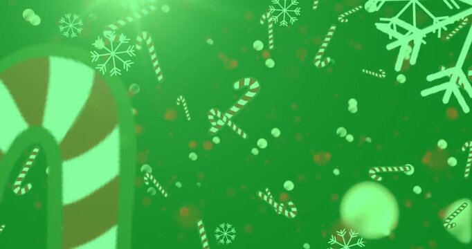 Snowflakes falling over christmas hanging decorations against pink background