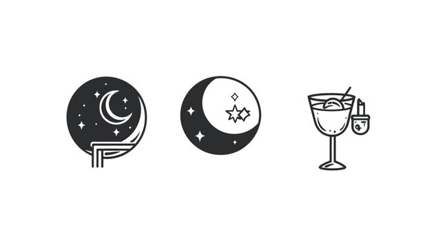 Three minimalist line art illustrations night scenes and a cocktail