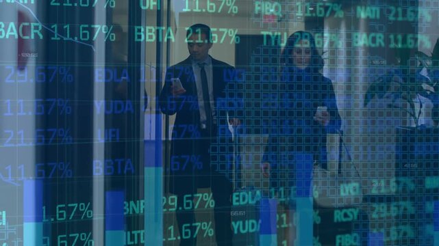 Animation of graphs, trading board, map over diverse coworkers using cellphone in corridor of office