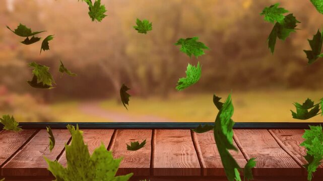 Animation of autumn leaves floating over wooden plank against trees in the park with copy space