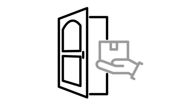 Contactless delivery. Linear icon of front door and package box.
