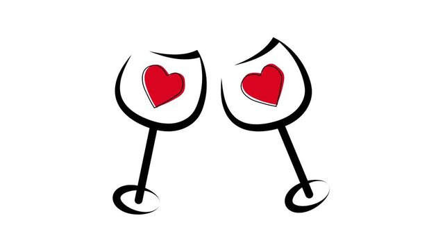 Two glasses with wine. Happy valentine day and love symbol.