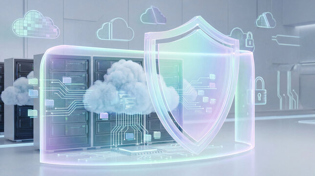 Malware spyware trojan detection firewall protection concept. Modern cloud computing security concept with digital shield.