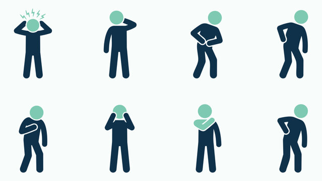 Set of Human Figures Illustrating Different Types of Physical Pain and Aches