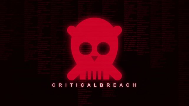 A cinematic digital security alert displays a glowing red skull icon with scrolling binary code to signal a critical system breach and catastrophic software failure in cyberspace.