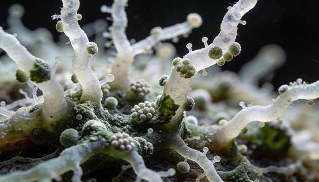A close-up view of a green and white moldy substance with a unique texture and structure.