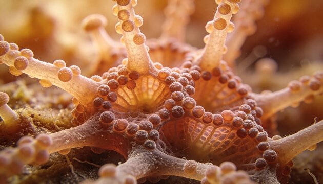A close-up view of a vibrant orange starfish with numerous small suckers on its arms, set against a blurred background of ocean floor.