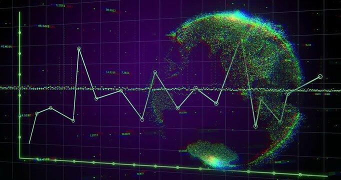 Grid starting polyline fluctuating while globe emerging illustrating data trends