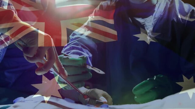 Surgeons starting surgery, suturing vessel and cutting suture under Australian flag overlay