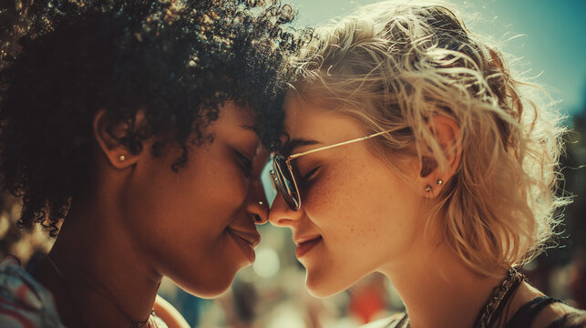 Beautiful multiethnic lesbian couple of lovers dating outdoors - LGBT people bonding and spending time together, concepts about LGBTQ community, diversity, love and lifestyle