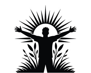 Fototapeta premium Man With Outstretched Arms Welcomes The Sun Rising Above Nature