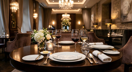 Fototapeta premium Elegant Fine Dining Table Setup in a Luxury Five Star Hotel Restaurant with Sophisticated Interior