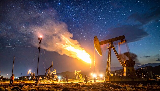 An oil field in full swing stretches under a pearly sky of stars. The drilling towers rise like colossi, crowned by dancing flames that cast their glow over the night landscape. In the light of torche