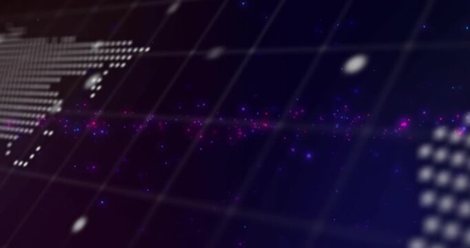 Grid under dotted map fading in shifting right while particles drifting and command lines scrollin