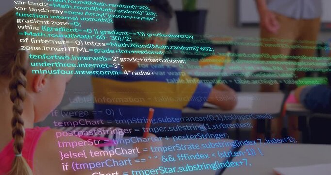 Code scrolling initiating camera panning classroom showing students writing code for coding class
