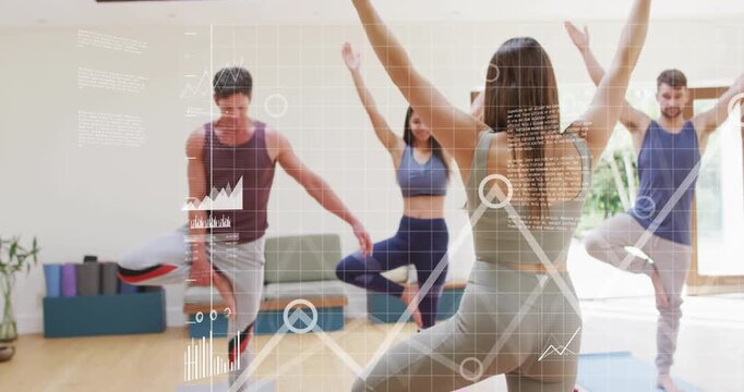 Coach signaling, leading yoga class into tree pose while data overlays aligning, tracking balance