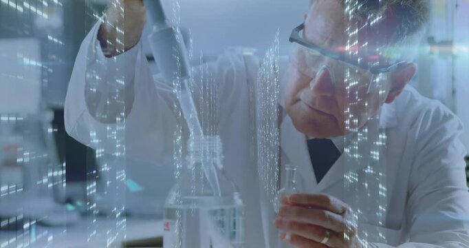 Lab tech reaching, pipetting yellow liquid into vial for accuracy, vertical overlay obscuring bench