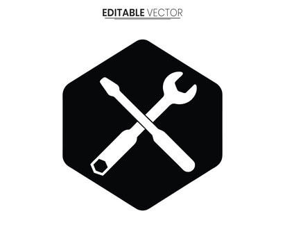 A black hexagon containing crossed tools screwdriver and wrench silhouette high quality professional