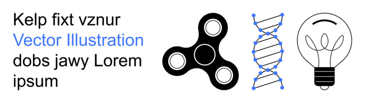 Science technology, innovation ideas, creativity concepts, learning tools, biology, education . DNA strand, fidget spinner and light bulb graphics. Science and innovation concept