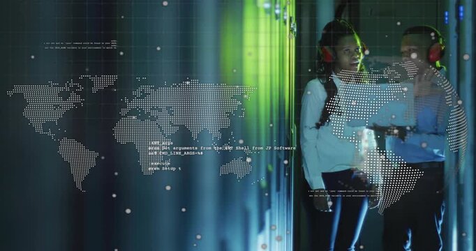 Man producing laptop woman pointing at phone in server aisle overlay covering left guiding decision