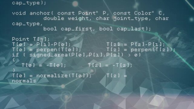 Vertical video: Playback starting C++ code scrolling over tech terrain revealing HTTP read loop