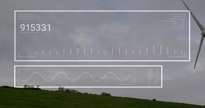 HUD panels activating, updating data and graphs as camera panning right showing turbine monitoring