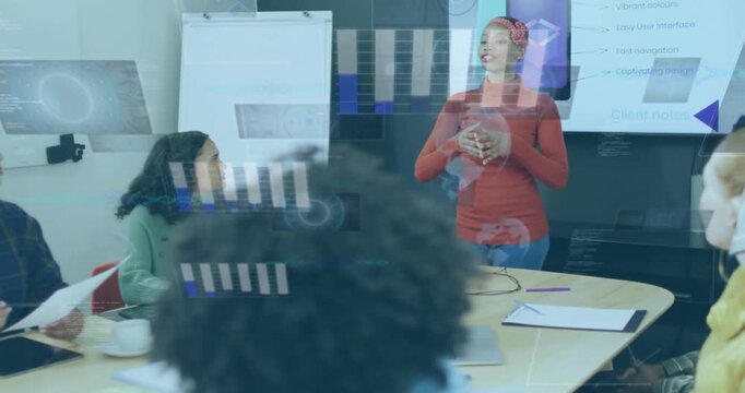 Vertical video: Presenter starting briefing, gesturing and guiding business team through slides