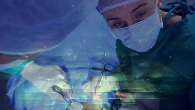 Female surgeon accepting clamp, surgical suturing repairing tissue, overlay drifting over hands