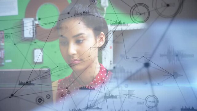 Vertical video: Network overlay shifting, revealing teen at desktop, analyzing tech data via nodes