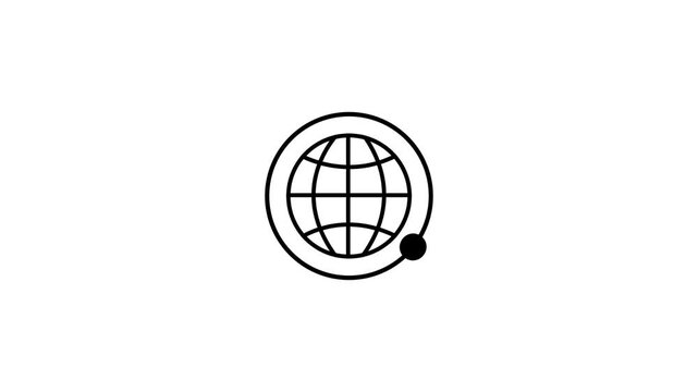 Self drawing line of world planet earth icon , Animated black globe icon with an orbiting circle on white background, worldwide network and communication technology symbol.