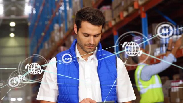 Vertical video: Tablet tap starting data overlays, man tapping tablet, updating inventory status