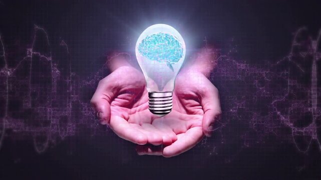 Frame fading hands cupping bulb brain filament brightening purple waves pulsing showing tech idea