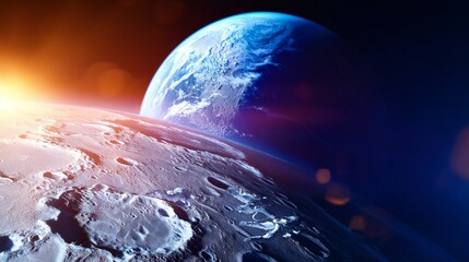 Blick von der Mondoberfläche auf die Erde mit goldenem Sonnenlicht – Weltraum-Panorama