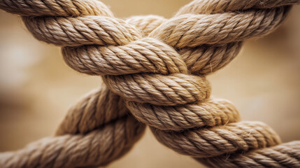 Fototapeta premium Close up shot of two thick brown ropes crossing each other, forming an X shape.