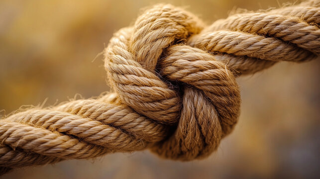 Close up shot of a thick hemp rope tied into a tight, string knot, used in a forest setting.