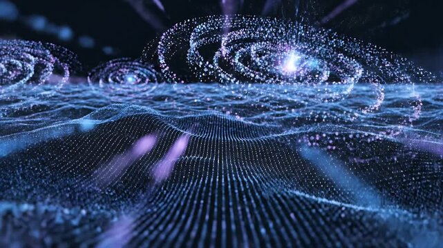A mesmerizing digital landscape of interconnected particles forms a dynamic, wave-like surface against a dark backdrop, suggesting a futuristic or abstract technological environment.