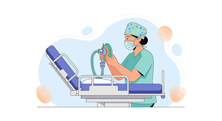 Obraz premium Anesthesiologist Preparing Anesthesia Machine for Surgery in Operating Room