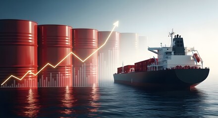 Fototapeta premium Oil barrels and tanker ship with upward glowing financial chart indicating rising energy prices