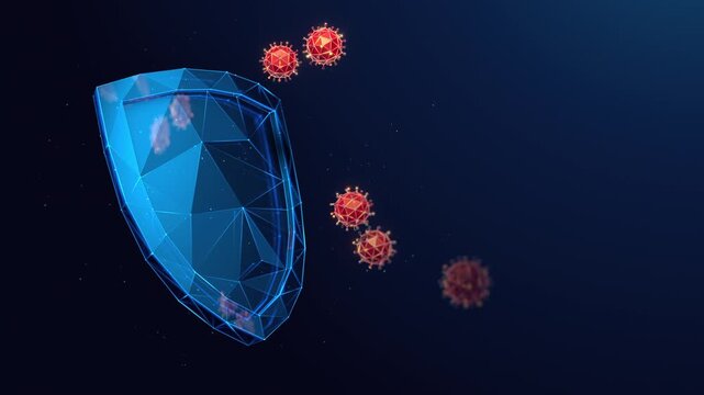 Low Poly Virus Cells Bouncing Off a Protective Shield Barrier in a Seamless Animation Loop. Immune system defense, virus protection and disease prevention animated looped background with copy space.