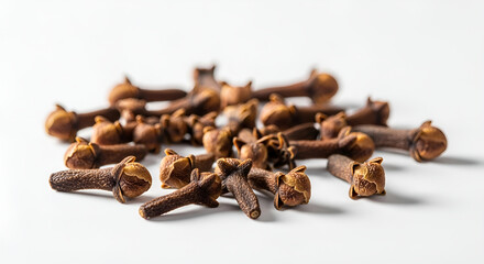 Fototapeta premium Scattered Dried Cloves Buds on White Background for Culinary and Herbal Concept