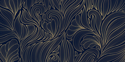 Luxury gold floral line pattern, elegant leaves and flowers on a dark background. Vector art deco illustration, Japanese ornament, Nouveau influences, modern tropical botanical design. © marylia17