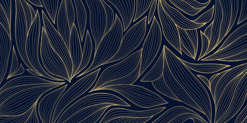 Plakat Luxury gold floral line pattern, elegant leaves and flowers on a dark background. Vector art deco illustration, Japanese ornament, Nouveau influences, modern tropical botanical design.
