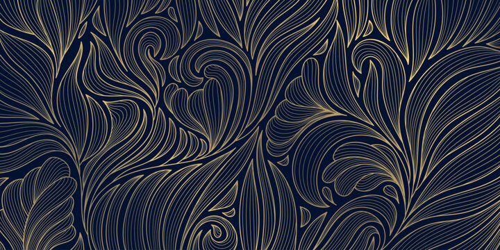 Luxury gold floral line pattern, elegant leaves and flowers on a dark background. Vector art deco illustration, Japanese ornament, Nouveau influences, modern tropical botanical design.