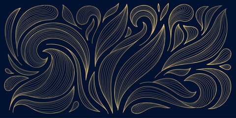 Luxury gold floral line pattern, elegant leaves and flowers on a dark background. Vector art deco illustration, Japanese ornament, Nouveau influences, modern tropical botanical design. © marylia17