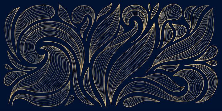 Luxury gold floral line pattern, elegant leaves and flowers on a dark background. Vector art deco illustration, Japanese ornament, Nouveau influences, modern tropical botanical design.