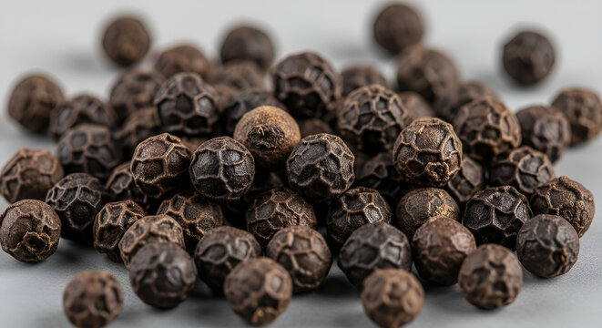 Group of Dried Black Peppercorns Macro Shot for Spicy Seasoning and Food Background