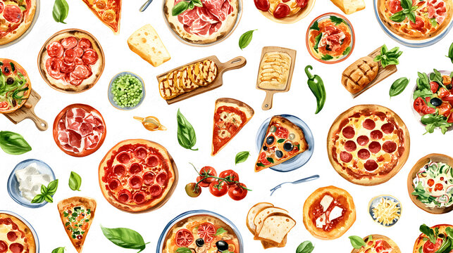 Seamless watercolor pattern with Italian pizza and ingredients. Colorful food background for design.