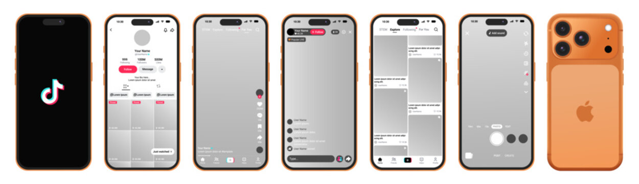 TikTok mobile app UI UX interface design mockup template. iPhone 17 Pro Max smartphone screen social media feed, profile, like, comment, share button. Notification icon layout kit